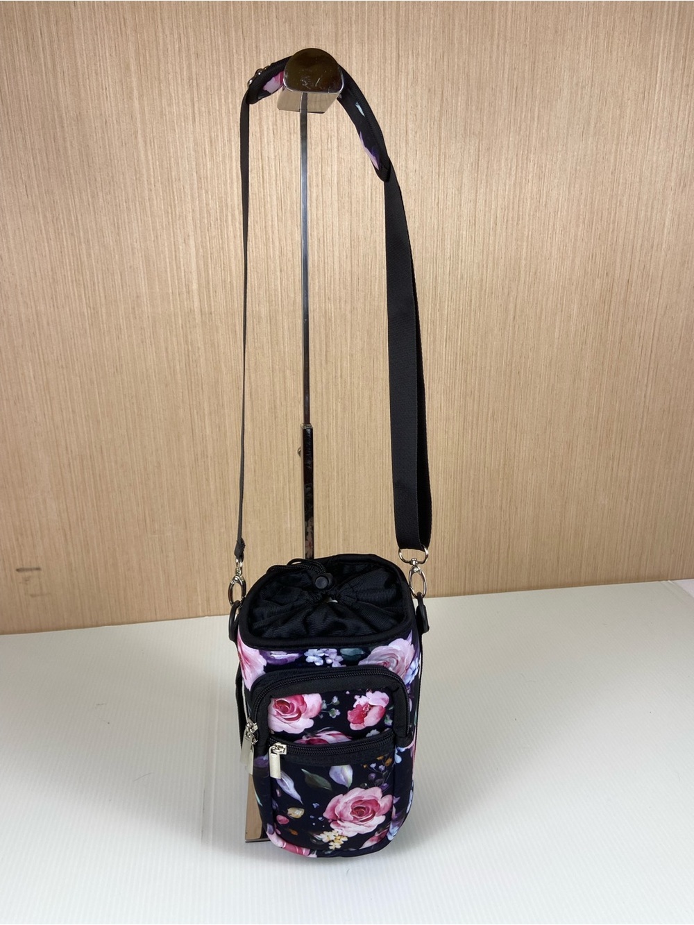 Floral Crossbody Bottle Bag - Black Pink Rose Print
